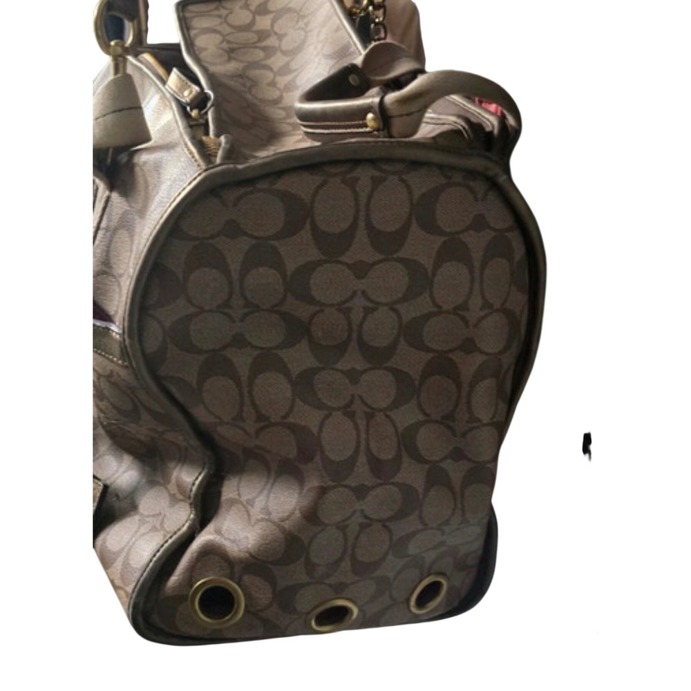 Flawed Gem! Coach Signature Heritage Stripe Pet Carrier Khaki Gold Metallic Bag - Picture 8 of 8